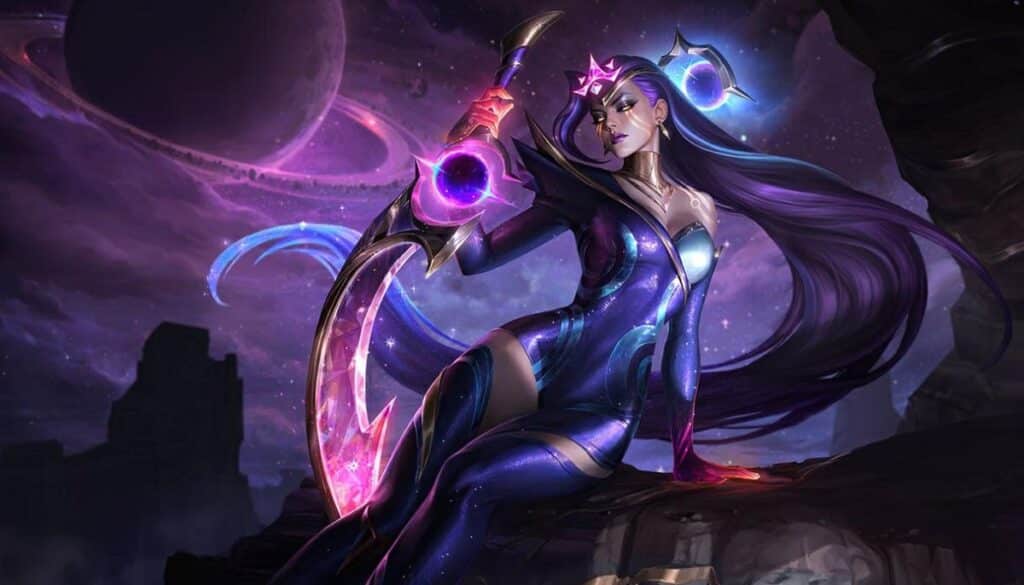 The image displays the character Diana from the game League of Legends, specifically in her Prestige Battle Queen or Dark Cosmic Prestige skin