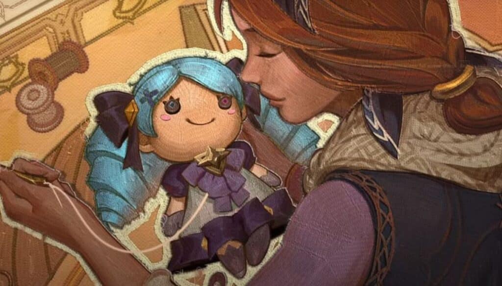 L'immagine è un'illustrazione promozionale del personaggio di League of Legends, Gwen. Un'illustrazione di Isolde, una sarta, che tiene in mano e cuce la bambola Gwen.