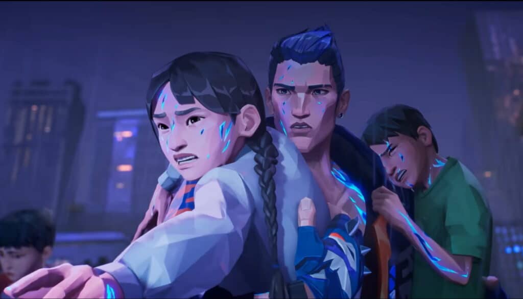 Eine animierte Aufnahme aus dem Spiel Valorant, die die Agenten Yoru und Astra zeigt, wie sie während eines Angriffs Zivilisten retten, die alle leuchtend blaue Flecken auf ihrer Haut haben