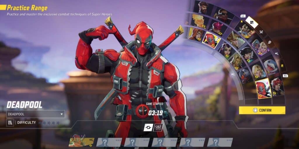 Deadpool is highlighted on a character selection screen in Marvel Rivals practice range mode. The screen displays his name, "DEADPOOL," his difficulty rating, and the current game time of "03:19." To the right, a list of other available characters is visible, along with a "CONFIRM" button