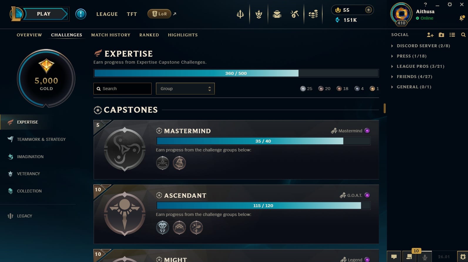 Ein Screenshot der Registerkarte „Herausforderungen“ des League of Legends-Clients, der den Fortschritt des Spielers in verschiedenen Kategorien wie Fachwissen, Schlusssteine, Teamwork und Strategie, Fantasie, Veteranenstatus, Sammlung, Aszendent, Ziege und Vermächtnis zeigt