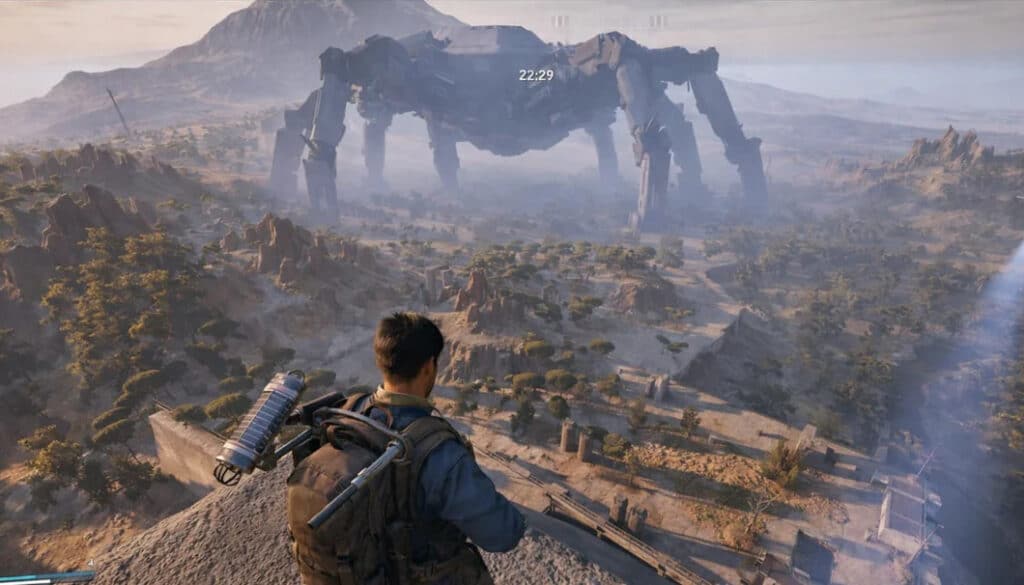 Das gezeigte Bild stammt aus dem Spiel ARC Raiders. Der riesige spinnenartige Roboter im Hintergrund ist einer der Bosse oder Hauptfeinde im Spiel