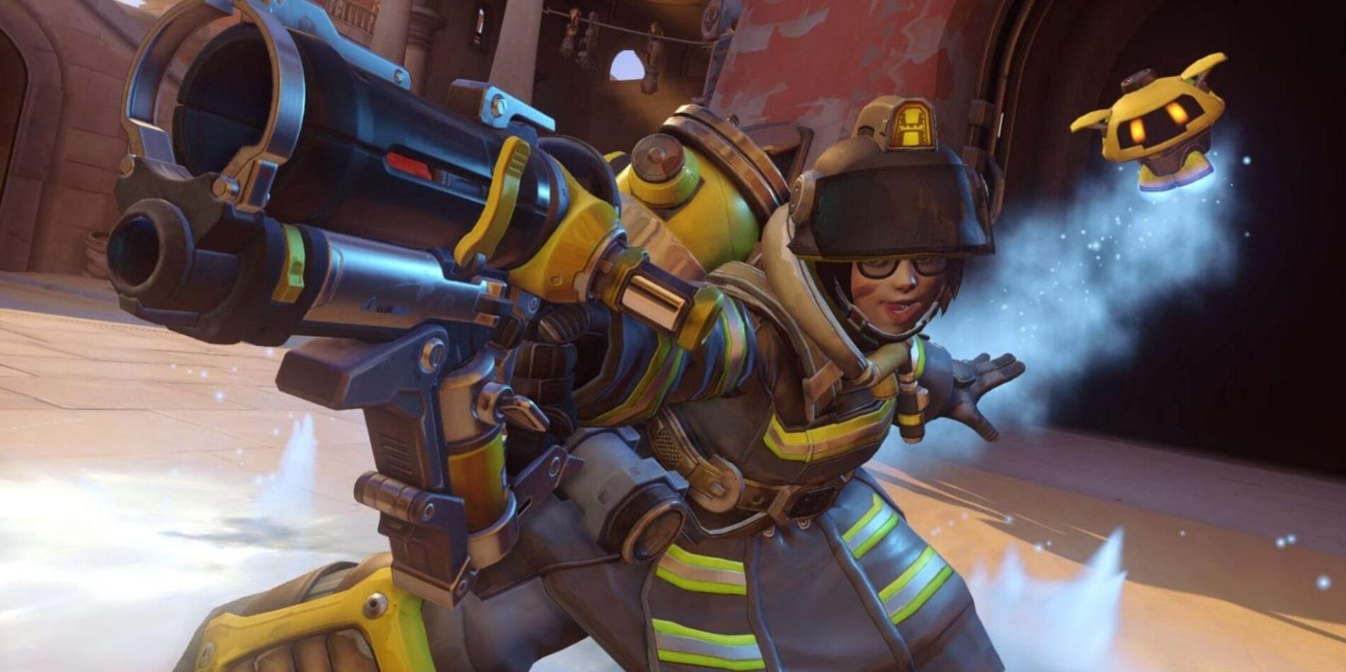 Mei in her Firefighter skin from Overwatch 2, wearing full rescue gear with a visor and yellow-striped uniform