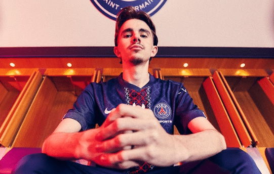 PSG.Vitality Brice Masson EA FC pro player in the changing rooms of football stadium with 2026 jersey