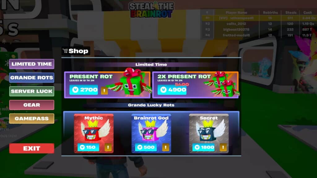 This image is a screenshot from the in-game shop menu of the Fortnite Creative map titled Steal the Brainrot. The shop interface displays limited-time items like Present Rot and 2X Present Rot, as well as permanent options such as Mythic, Brainrot God, and Secret items