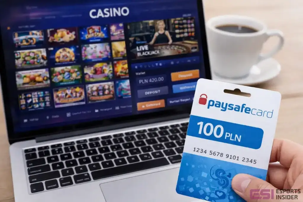 Obrazek przedstawiający kartę przedpłaconą na tle komputera z kasynem Paysafecard