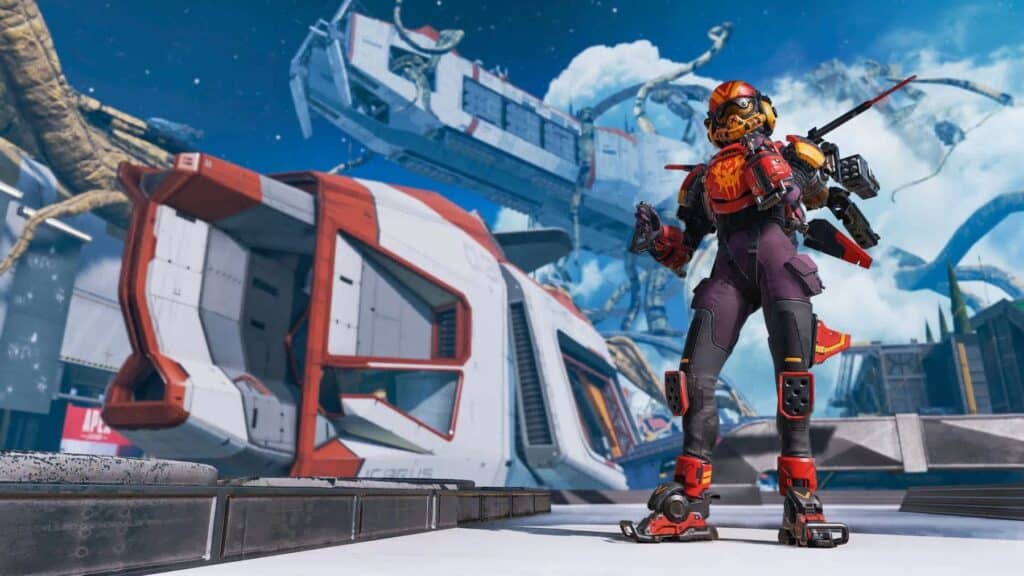 Valquíria, personagem do videogame Apex Legends, vestindo sua roupa vermelha e preta "Direito de primogenitura" pele, em um ambiente futurista ao ar livre com uma grande nave espacial ao fundo