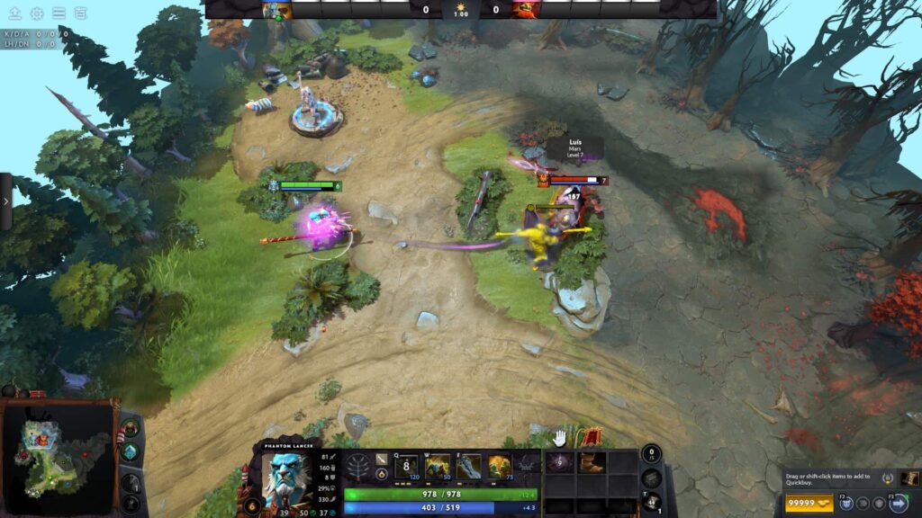 Der Screenshot zeigt das Gameplay von Dota 2, einem beliebten Multiplayer-Online-Battle-Arena-Spiel (MOBA). Im Spiel kämpfen zwei Teams mit je fünf Spielern auf einer Karte mit dem Ziel, die Hauptstruktur des Gegners, bekannt als „The Ancient“, zu zerstören