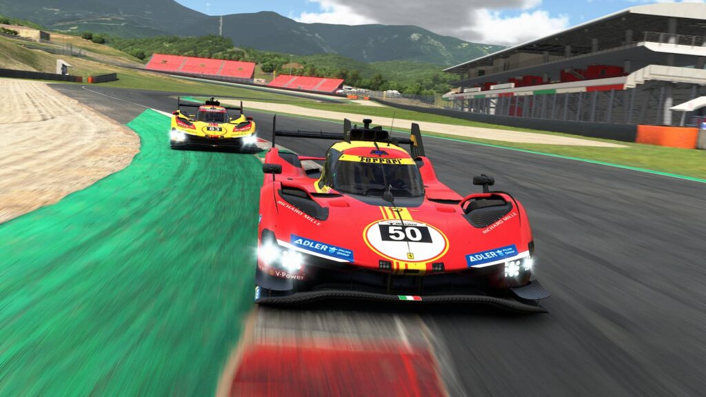 A dynamic in-game screenshot from a racing simulator, likely iRacing or Le Mans Ultimate, featuring two Ferrari 499P Hypercars racing on a track