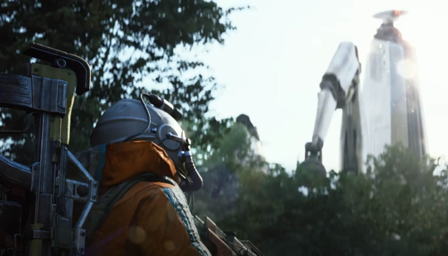 Dieses Bild ist ein Screenshot aus dem Videospiel ARC Raiders. Es zeigt eine Figur, die einen Helm und einen orange-grauen Anzug trägt und aus einem niedrigen Winkel betrachtet wird