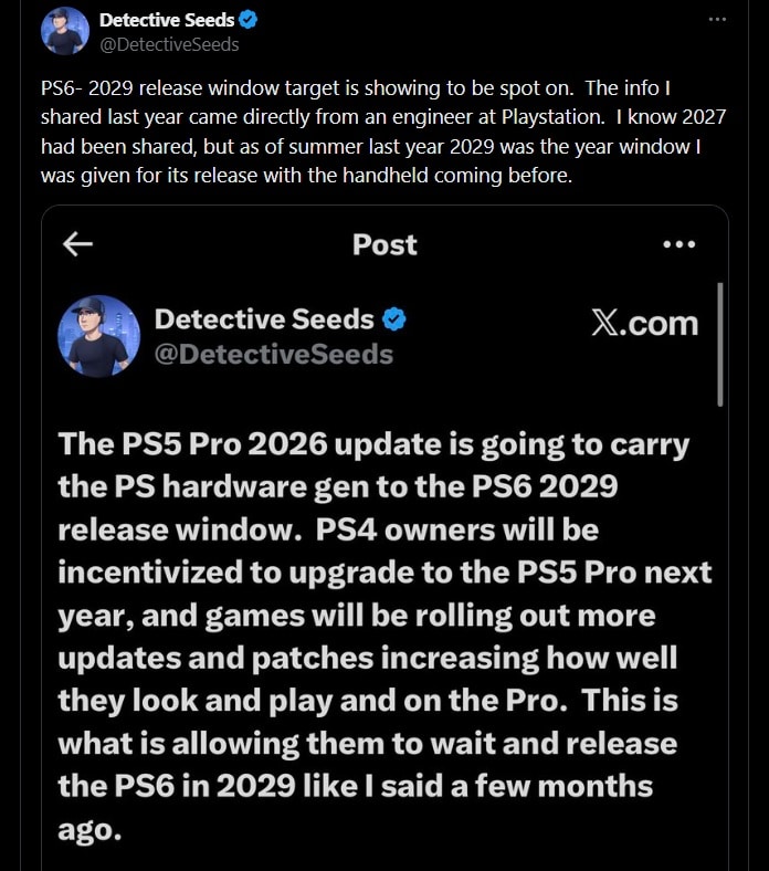 Ein Screenshot von Beiträgen, in denen behauptet wird, dass das PS6-Veröffentlichungsfenster auf 2029 abzielt, mit Debatten über Preise und Hardwarekosten