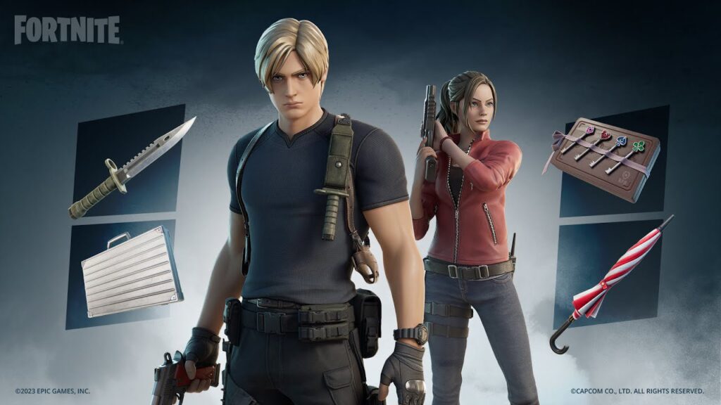 Leon S. Kennedy e Claire Redfield da franquia Resident Evil como skins de personagens no jogo Fortnite