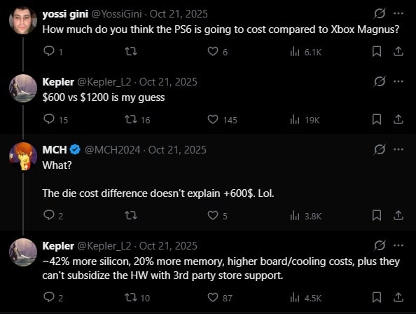 In einer Reihe von Beiträgen wird diskutiert, wie viel die PS6 im Vergleich zur Xbox Magnus kosten könnte, wobei Benutzer über Hardware- und Speicherkosten streiten