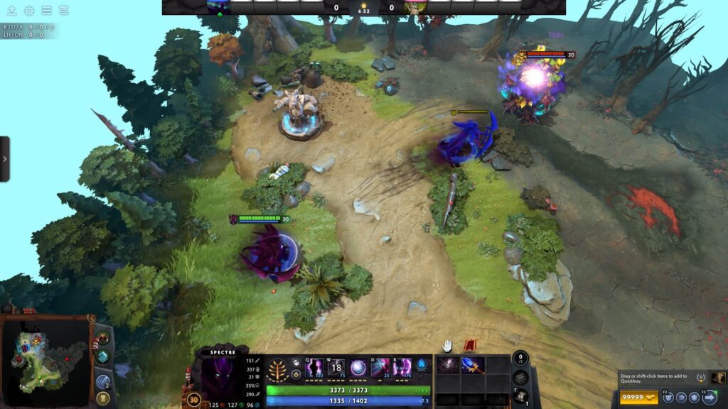 A screenshot from the video game Dota 2 showing an in-game scene within the jungle area of the map