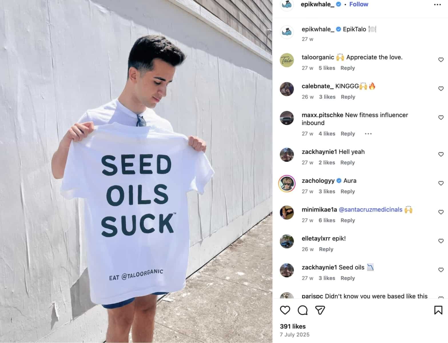 Der Esportspieler EpikWhale trägt ein weißes T-Shirt mit schwarzem Text mit der Aufschrift „ "SAMENÖLE SUCK EAT @TALOORGANIC"angezeigt in einer Instagram-Post-Oberfläche