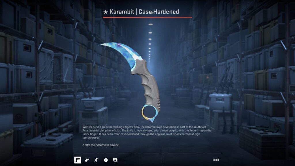A CS2 inventory screen displaying a Karambit | Case Hardened knife with a description of its origins and color application process