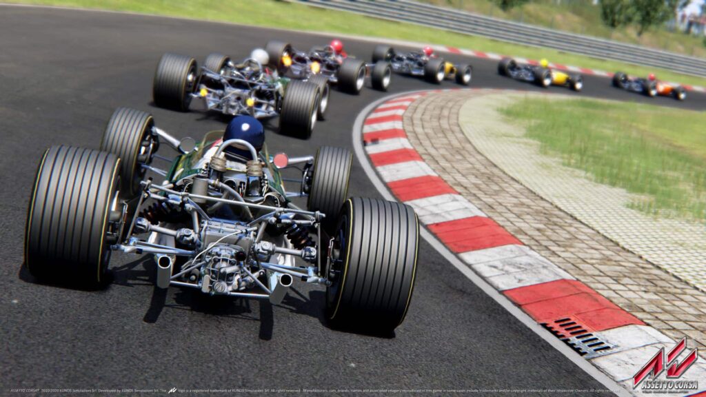 A dynamic shot of multiple vintage, open-wheel racing cars on a track during a race in the video game Assetto Corsa