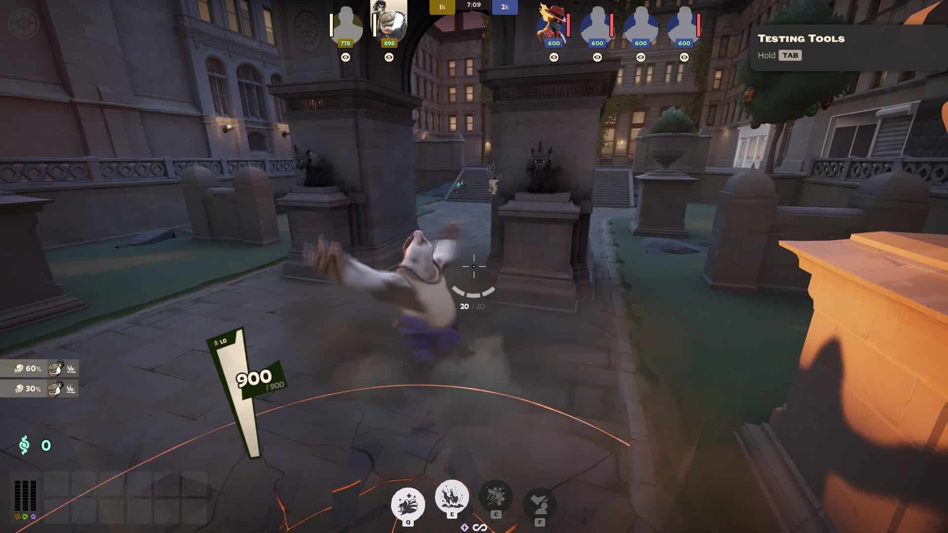 The image is a screenshot from the unreleased Valve game Deadlock, currently in closed beta testing. The gameplay is from a third-person perspective, showcasing a character with a large-handed, white, gorilla-like appearance