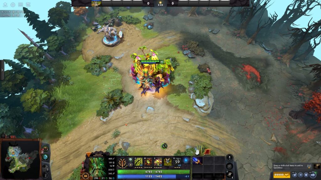A screenshot from the video game Dota 2 showing an in-game scene with several characters (heroes and summoned units) positioned on a dirt path in a jungle environment