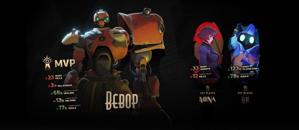 Das Bild zeigt den Spielergebnisbildschirm des Spiels Deadlock. Auf dem Bildschirm werden drei Spieler und ihre wichtigsten Statistiken angezeigt: Bebop (MVP), Mina (Schlüsselspielerin), Rem (Schlüsselspielerin)