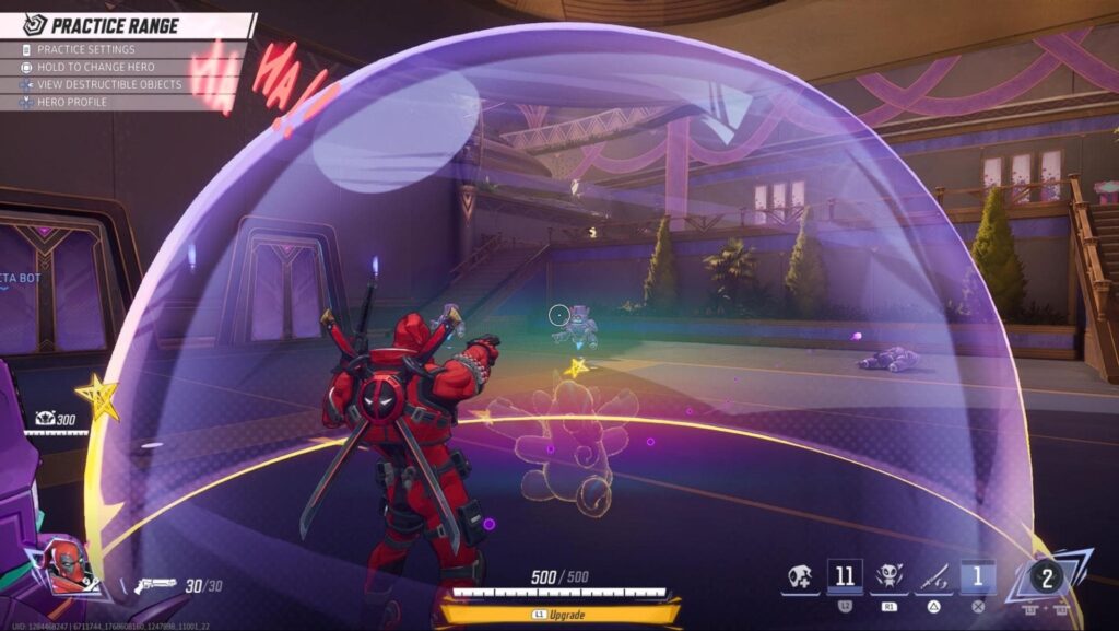 This image is a screenshot of the character Deadpool in the game Marvel Rivals, specifically within the "Practice Range" training map