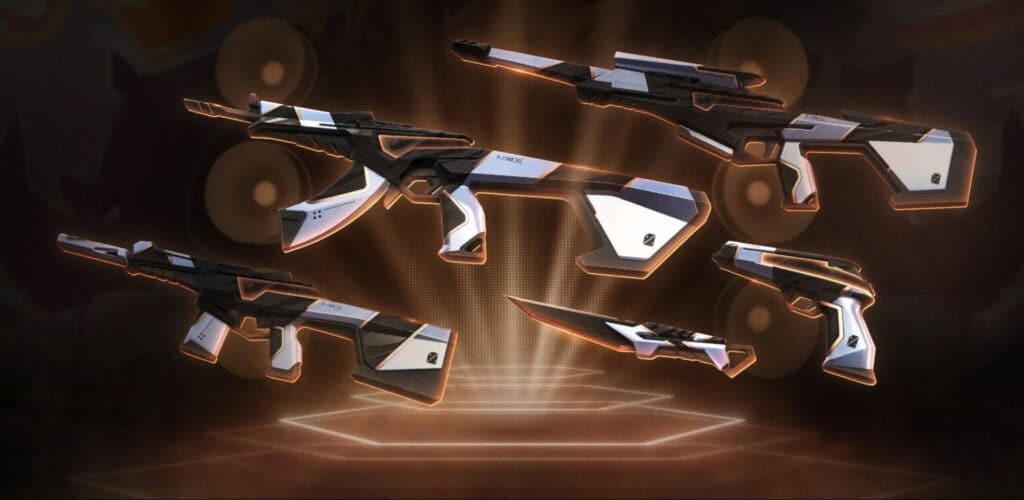 A set of five futuristic, black and white weapon skins with orange accents from the Valorant "ORA by OneTap" collection