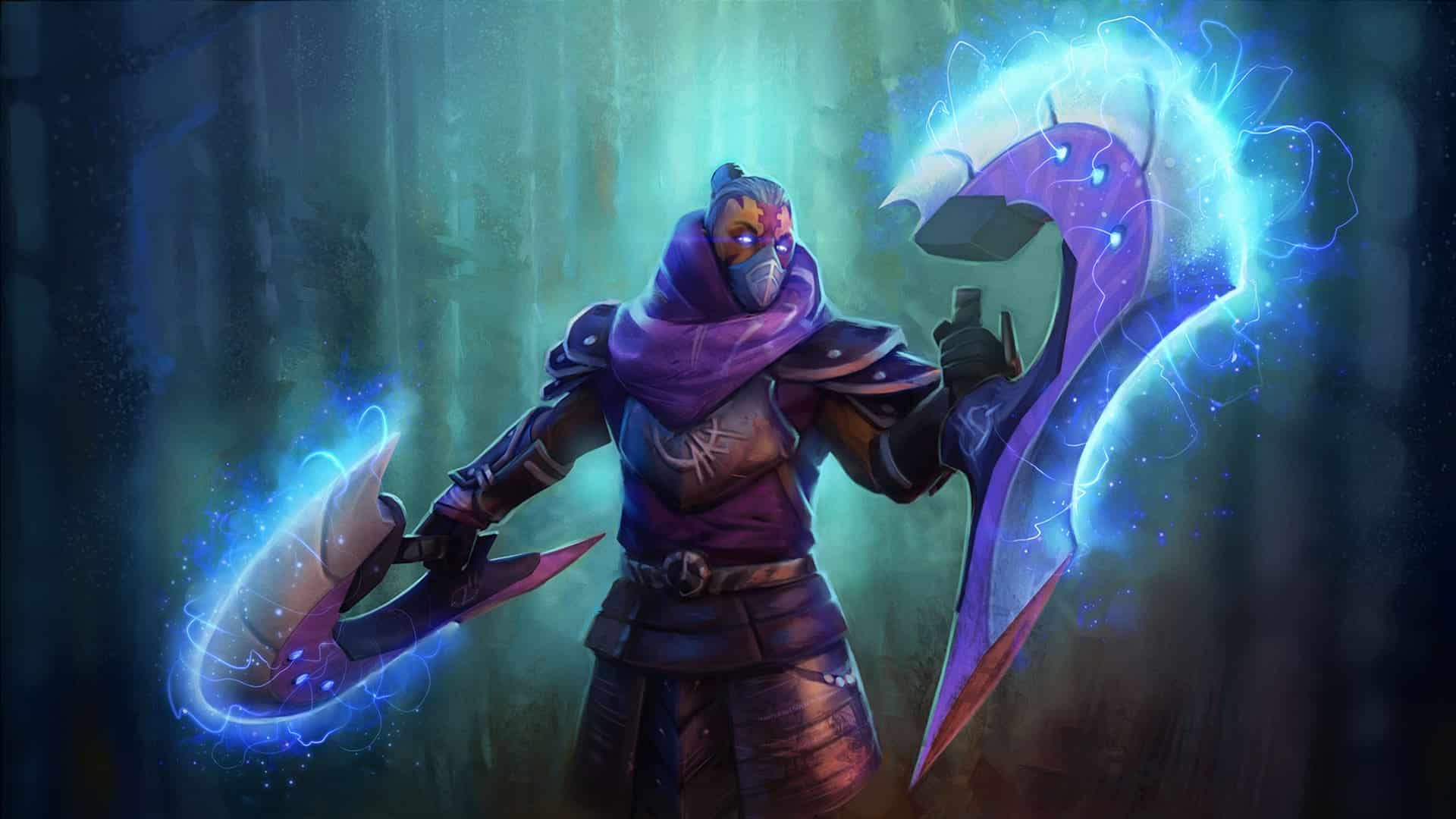 The image features Anti-Mage, also known as Magina. He is an iconic melee agility hero from the popular MOBA game Dota 2