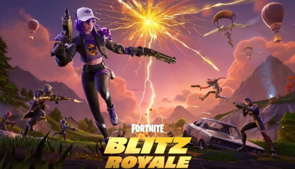Fortnite Blitz Royale key art showing fast-paced combat with multiple players on a shrinking battlefield