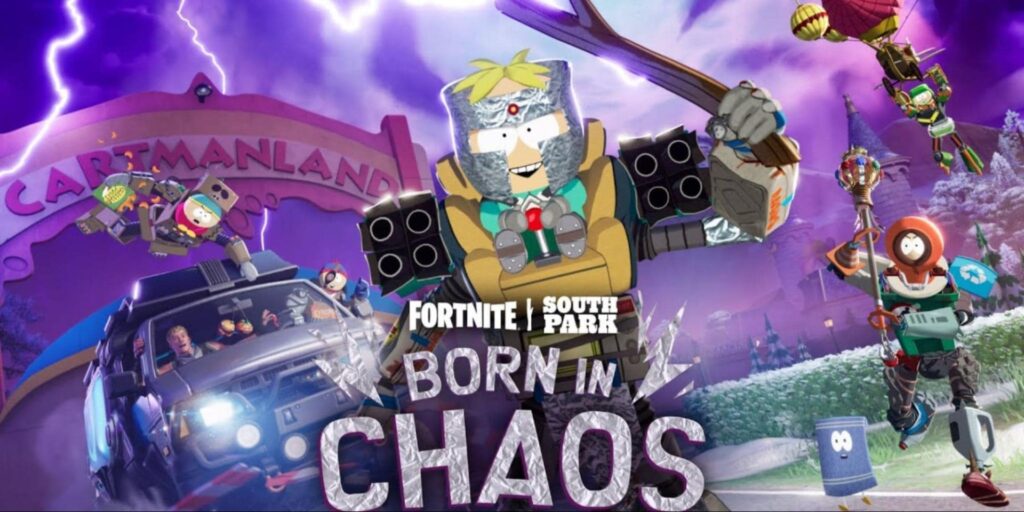 Uma imagem promocional da colaboração Fortnite x South Park: Born in Chaos. Butters no centro, e outros em carro e paraquedismo, com a placa Cartmanland ao fundo