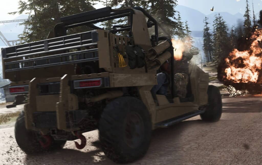 A foto mostra o veículo militar todo-terreno Polaris MRZR 4 do jogo Call of Duty: Modern Warfare