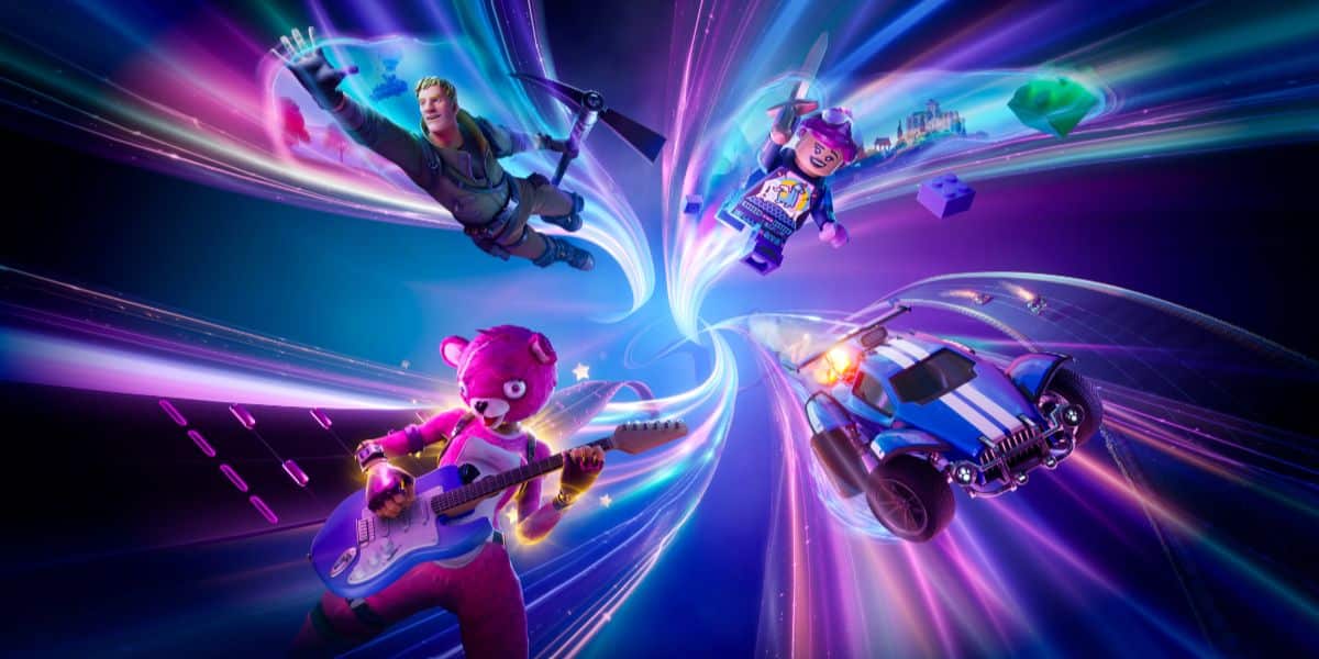 A promotional image for Fortnite Chapter 5 shows four distinct characters flying through a cosmic wormhole