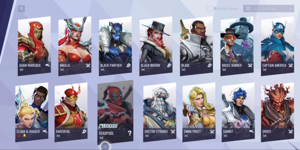 Uma tela do videogame Marvel Rivals exibe retratos de seleção de personagens, incluindo Deadpool, Capitão América, Pantera Negra e outros