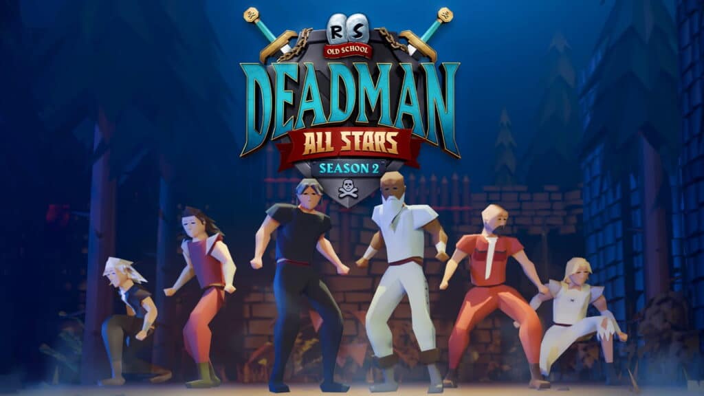 Un'immagine promozionale per l'evento Old School RuneScape. "Deadman All Stars Stagione 2" con il logo del gioco sopra sei personaggi giocanti low poly in pose diverse
