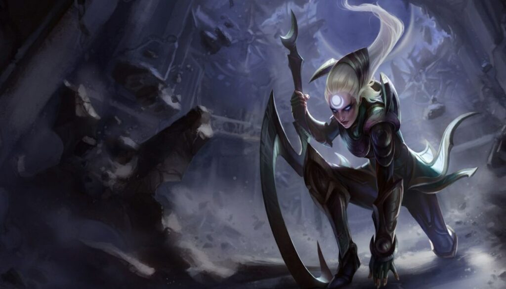 The image displays the splash art for Diana, a playable character (champion) from the video game League of Legends. She is known as the Scorn of the Moon