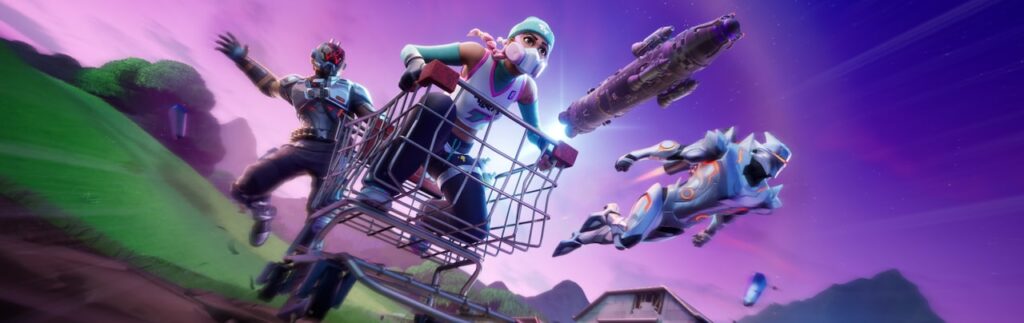 Un'illustrazione dinamica di Fortnite che mostra i personaggi Peri e altri che volano in aria in un carrello della spesa durante un evento Battle Royale.