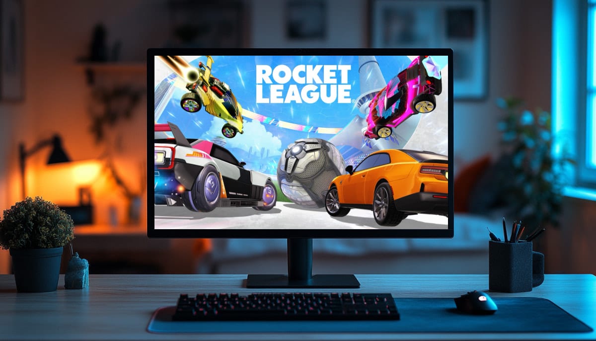 A computer monitor on a desk displays a promotional image for the video game Rocket League, showing several futuristic cars playing soccer in a futuristic arena with a large ball and the text "ROCKET LEAGUE" at the top