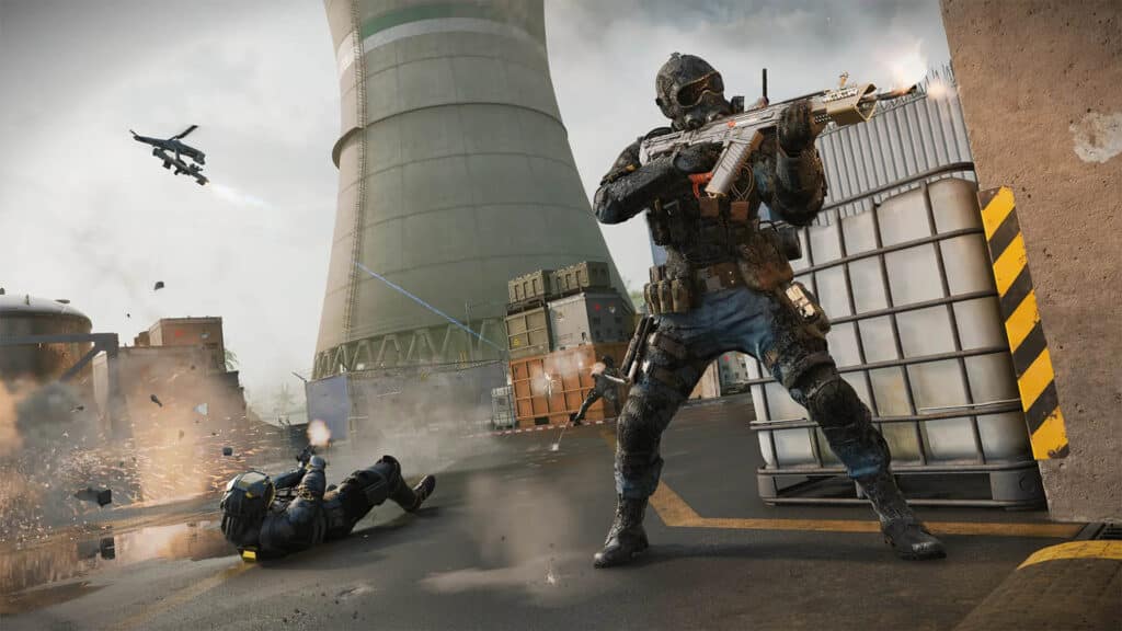 Image of Call of Duty Black Ops 7 players firing weapons. One player is firing a pistol while on their back