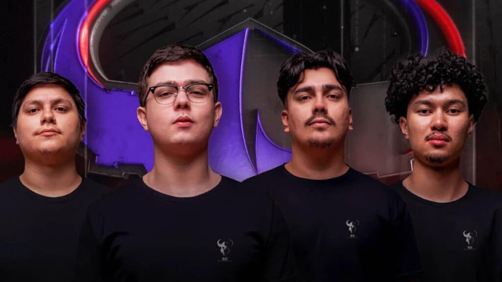 Image of G2 Minnesota roster posing while wearing black G2 Minnesota shirts on a purple and black background
