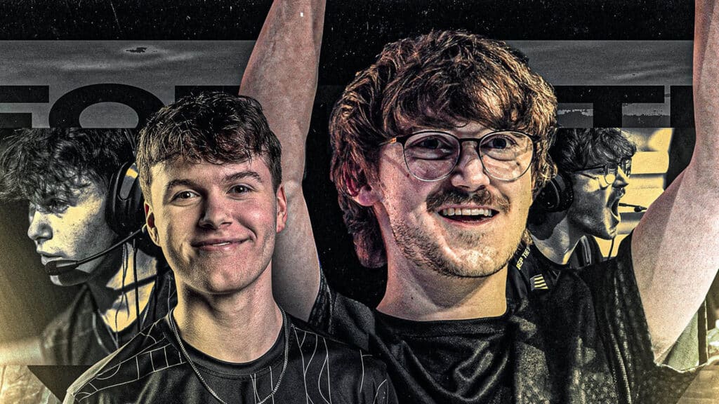 Image of Gen.G Fortnite players smiling while wearing black jerseys on a black and gold background