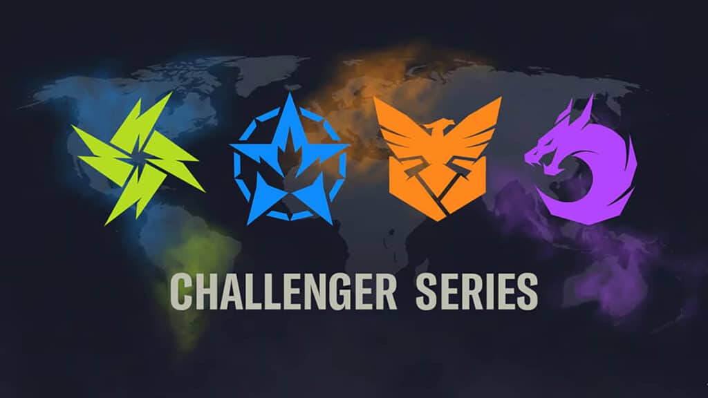 Image of Rainbow Six Challenger Series logos on a dark background showing a silhouette of a world map