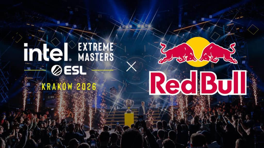 Image of IEM Krakow and Red Bull logo on the background of esports stage surrounded by pyrotechnics