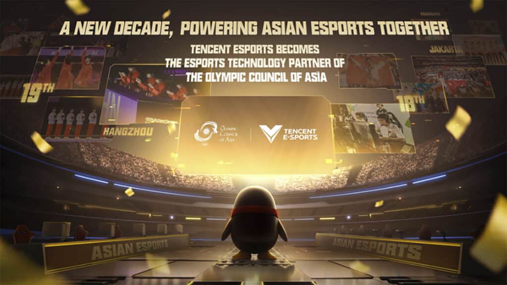 Image of Tencent Esports and Olympic Council of Asia logo projected onto a gold screen surrounded by a stadium. A small penguin stands in the centre of the image in between two esports stages