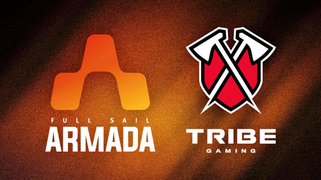 Image of Full Sail University Armada and Tribe Gaming logos on a black and orange background