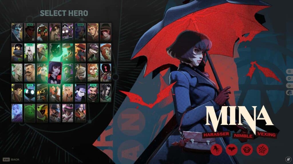 Deadlock-Heldenauswahlbildschirm, der Mina Ha, die prominente Vampirträgerin, hervorhebt und deren Fähigkeiten und Eigenschaften neben der gesamten Heldenliste gezeigt werden.