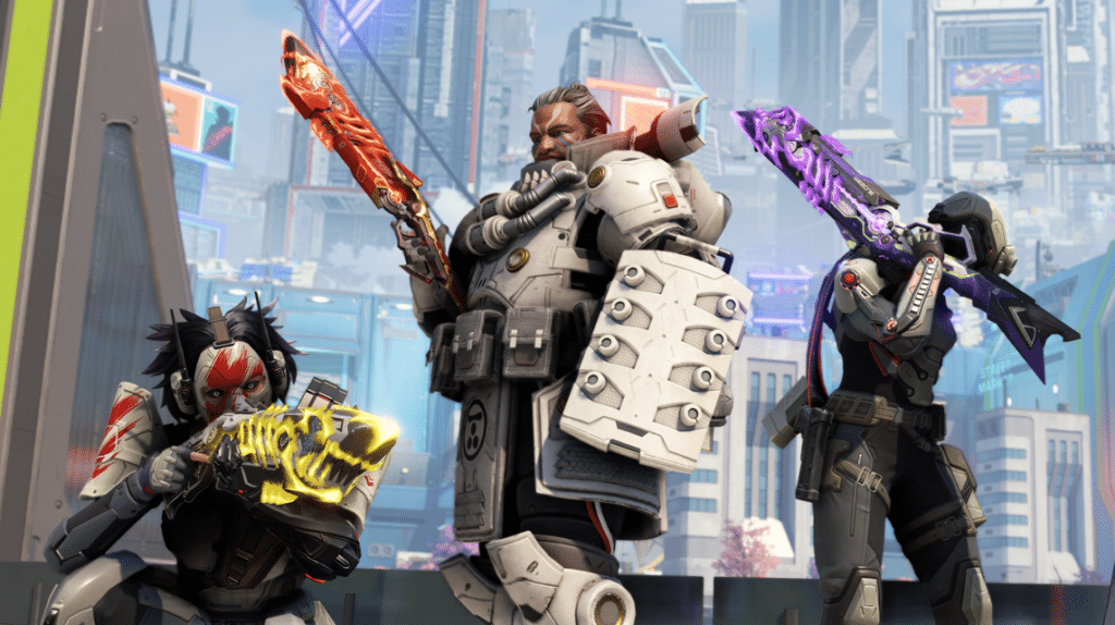 Apex Legends in-game squad wielding Mythic Peacekeeper skin