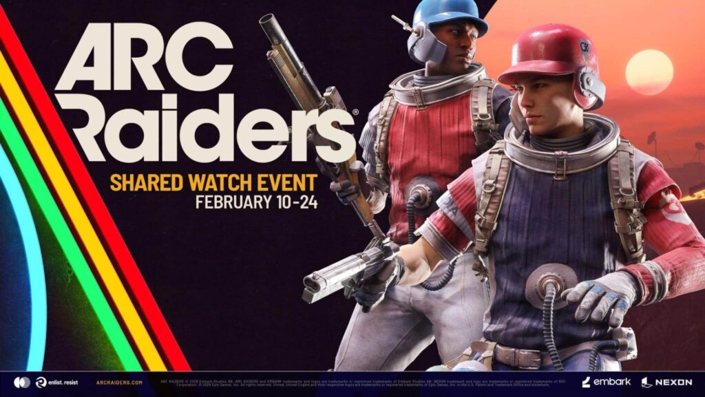 Arte del evento Arc Raiders Watch Party con el texto “Watch Party del 10 al 24 de febrero”