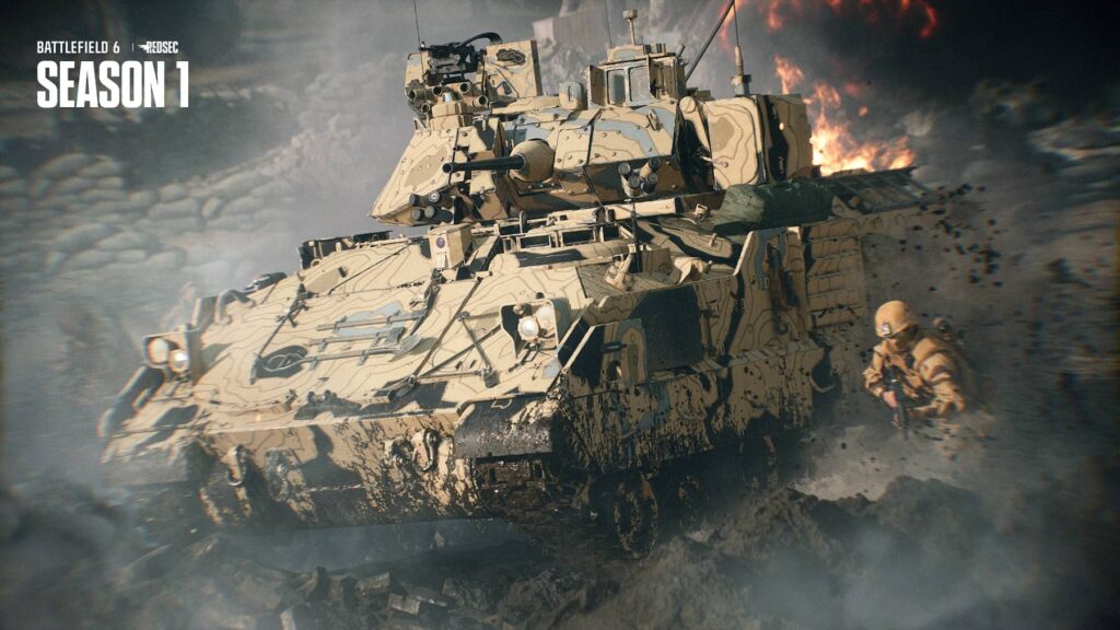 Carro armato in azione durante il combattimento in Battlefield 6