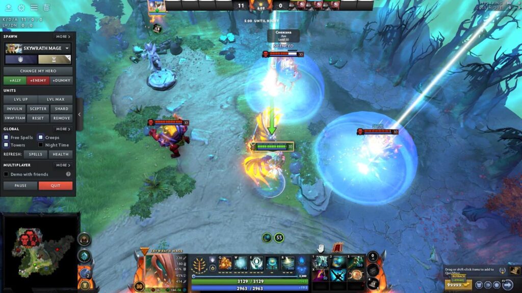 Dota 2 gameplay showing Skywrath Mage using abilities on enemy heroes