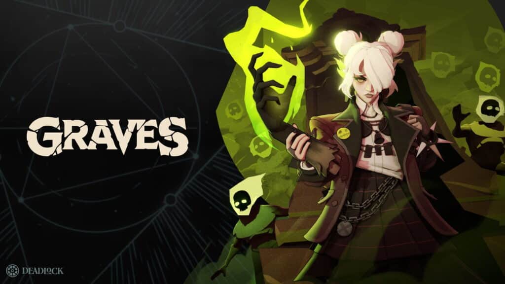 Graves, l'eroe di Deadlock, canalizza l'energia necromantica verde brillante con i simboli del teschio fluttuante.