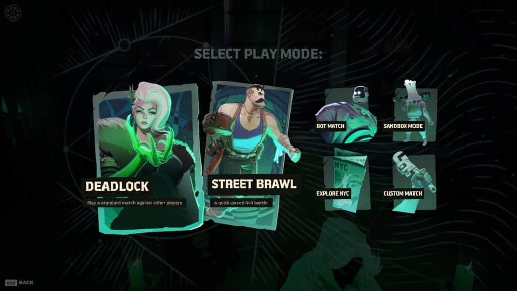 Deadlock-Menübildschirm mit Ranglisten-Spielmodi, einschließlich Deadlock und Street Brawl, mit stilisierten Heldenporträts, die auf den Auswahlkarten hervorgehoben sind.